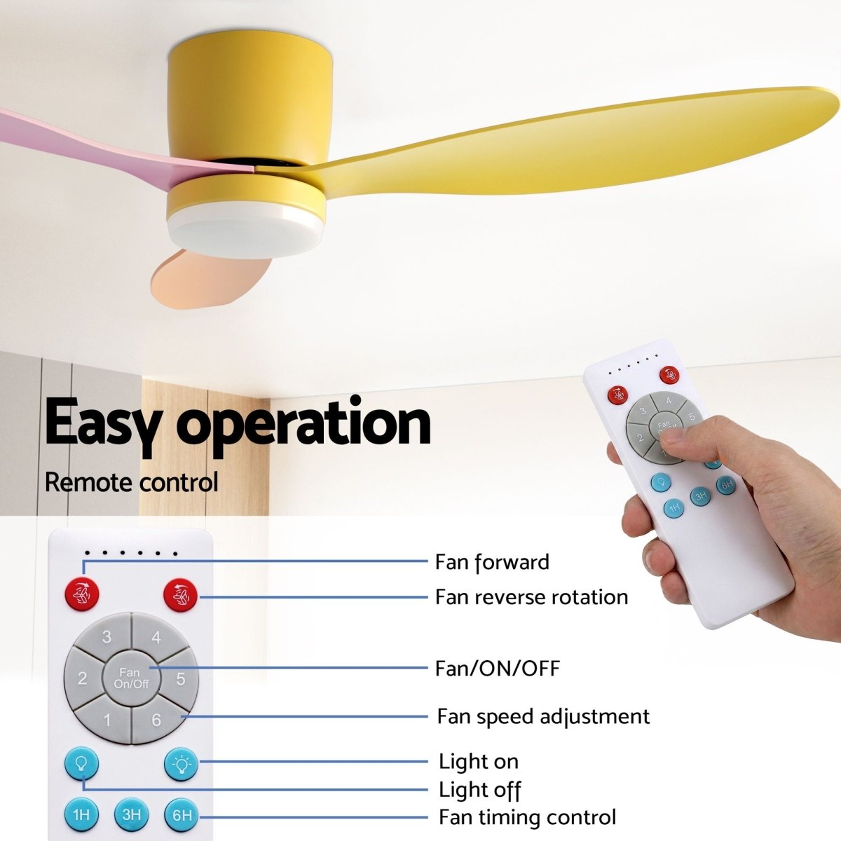 Devanti 52'' Ceiling Fan 3 Blades DC Motor w/Light w/Remote Yellow Pink Orange | Appliances > Fans > Ceiling Fans