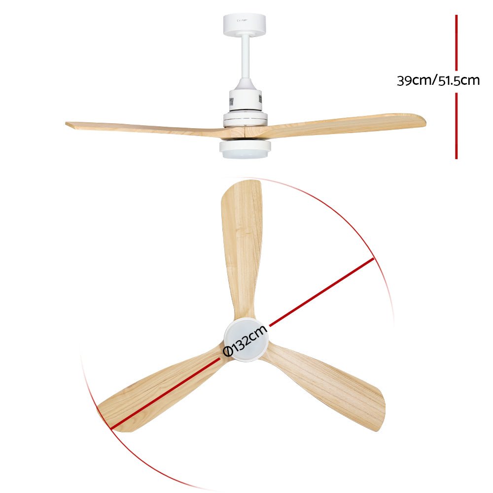 Devanti 52'' Ceiling Fan DC Motor LED Light Remote - Light Wood | Appliances > Fans