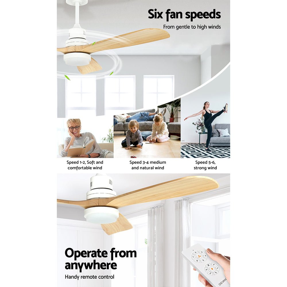 Devanti 52'' Ceiling Fan DC Motor LED Light Remote - Light Wood | Appliances > Fans