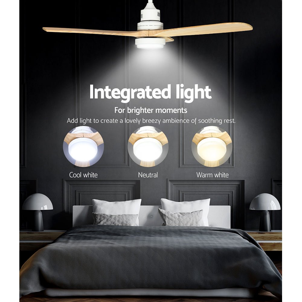 Devanti 52'' Ceiling Fan DC Motor LED Light Remote - Light Wood | Appliances > Fans