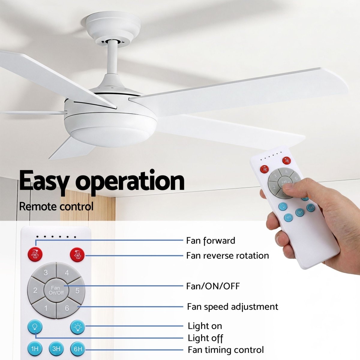 Devanti 52-Inch 5-Blade DC Ceiling Fan with Light & Remote - White