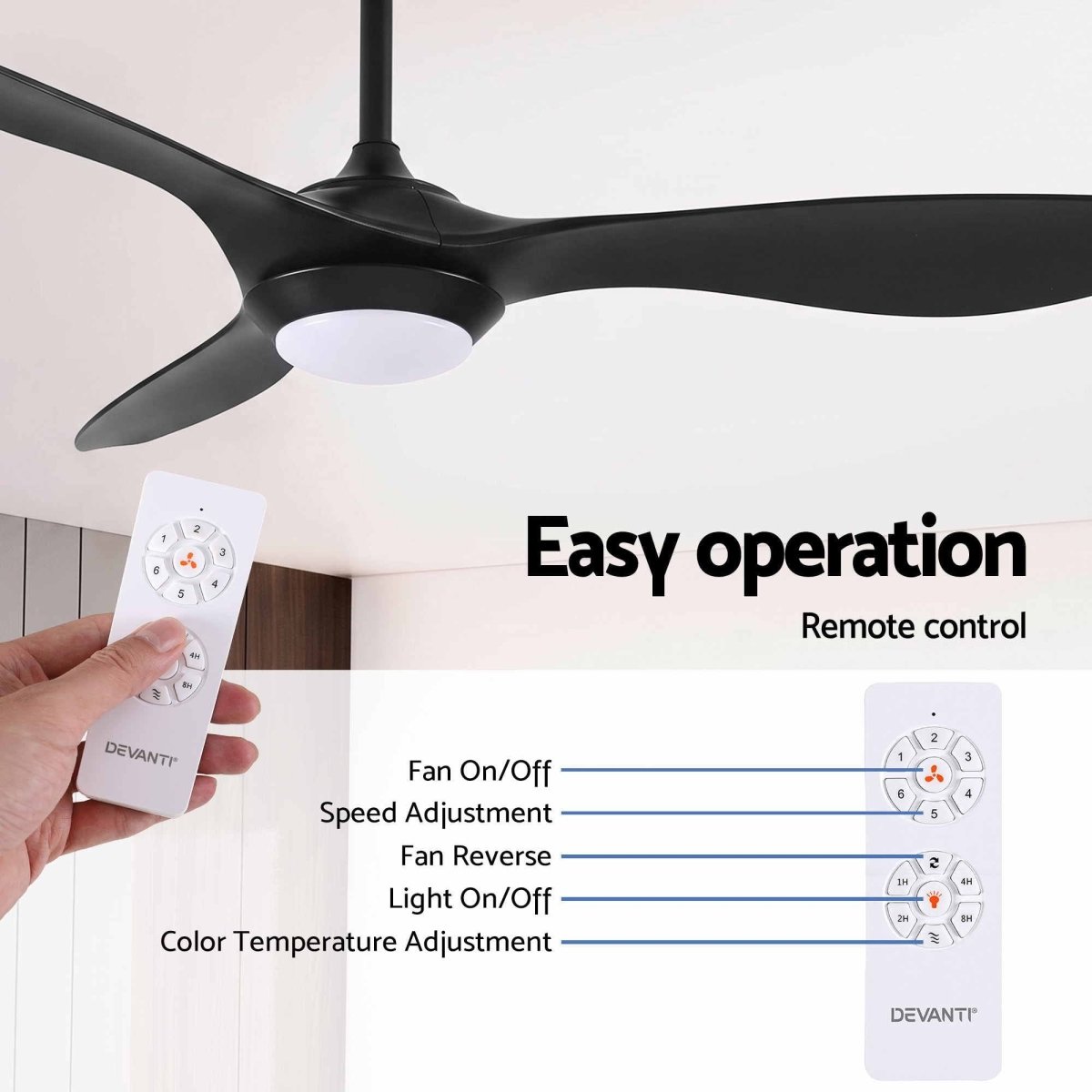 Devanti 52-Inch DC Ceiling Fan with Light & Remote - Black