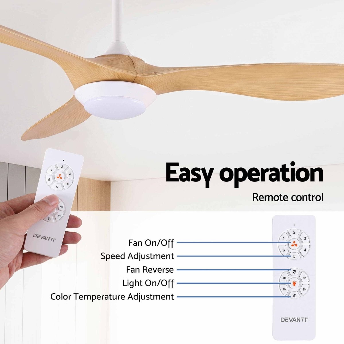 Devanti 52-Inch DC Ceiling Fan with Light & Remote - Wood