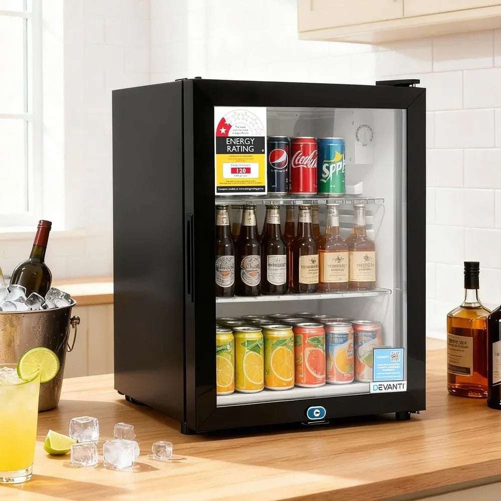 Devanti 56L Bar Fridge Glass Door Mini Fridge Countertop Cooler Black | Appliances > Fridges
