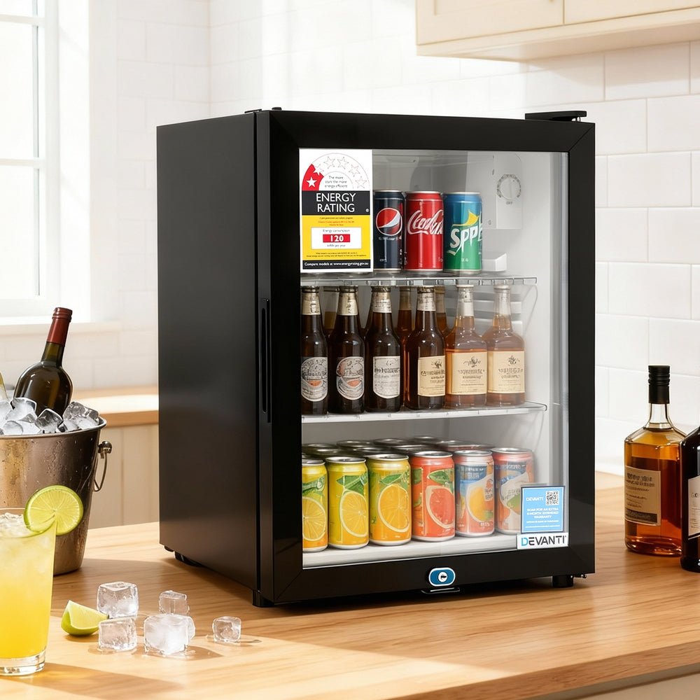 Devanti 56L Bar Fridge Glass Door Mini Fridge Countertop Cooler Black | Outdoorium