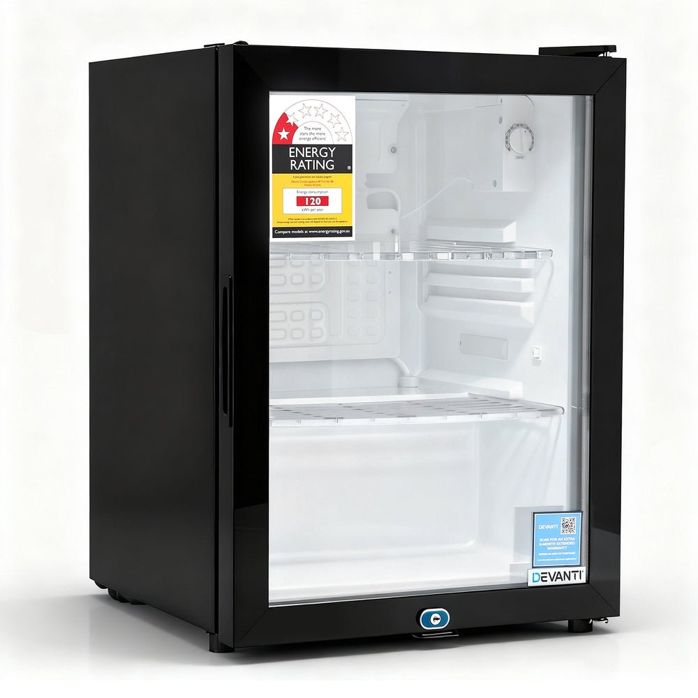 Devanti 56L Bar Fridge Glass Door Mini Fridge Countertop Cooler Black | Outdoorium