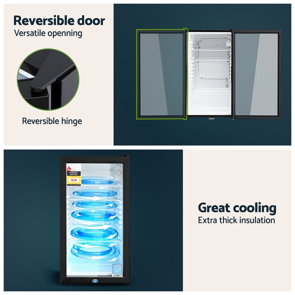 Devanti 78L Bar Fridge Glass Door Mini Fridge Countertop Cooler Black | Outdoorium