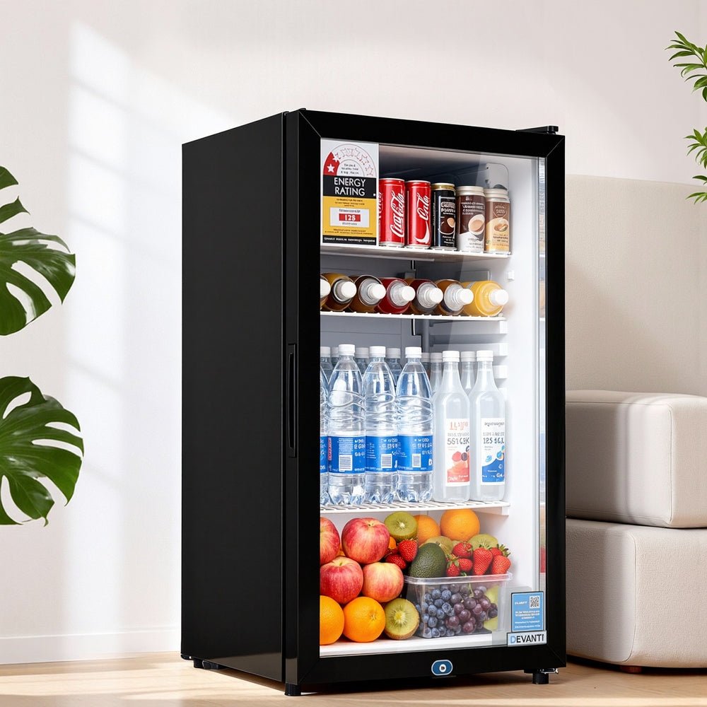 Devanti 78L Bar Fridge Glass Door Mini Fridge Countertop Cooler Black | Outdoorium