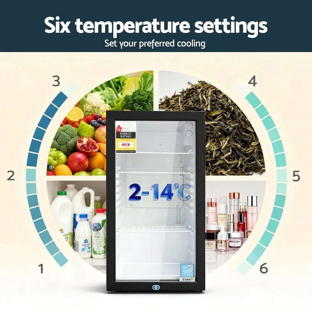 Devanti 78L Bar Fridge Glass Door Mini Fridge Countertop Cooler Black | Appliances > Fridges