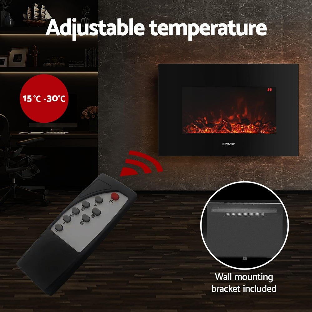 Devanti Electric Fireplace Fire Heater 2000W Black - Outdoorium