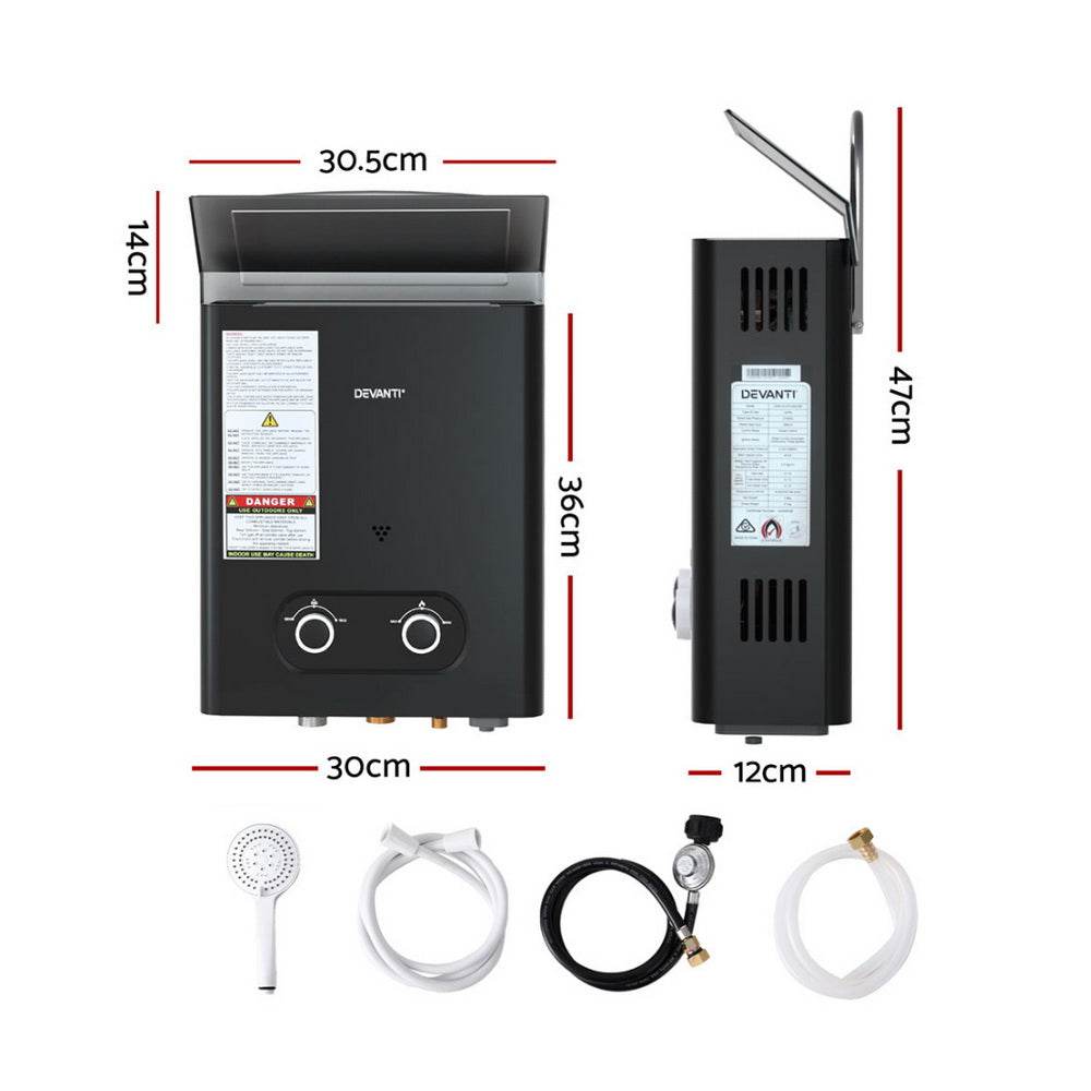 Devanti Portable Gas Water Heater LPG - powered System Black | Outdoorium