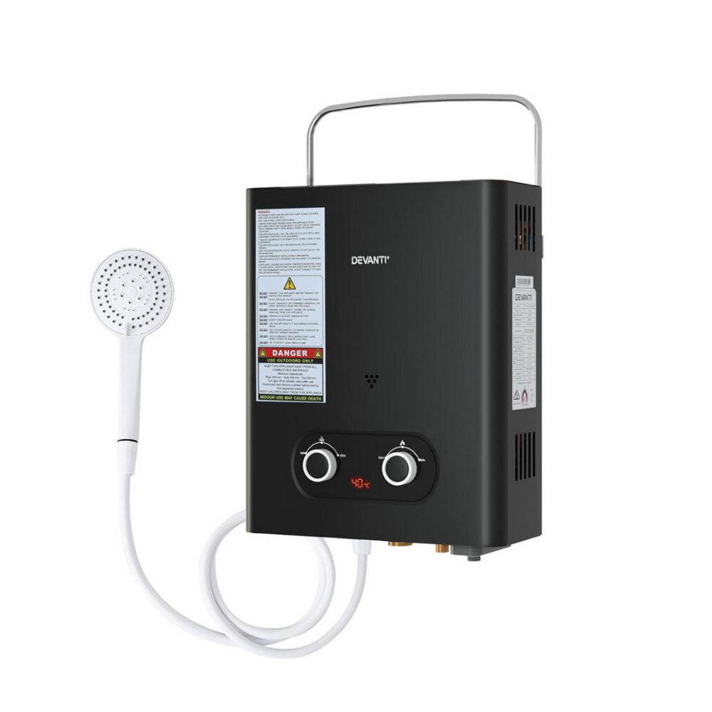 Devanti Portable Gas Water Heater LPG - powered System Black | Outdoorium