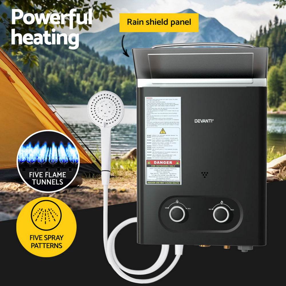 Devanti Portable Gas Water Heater LPG - powered System Black | Outdoorium