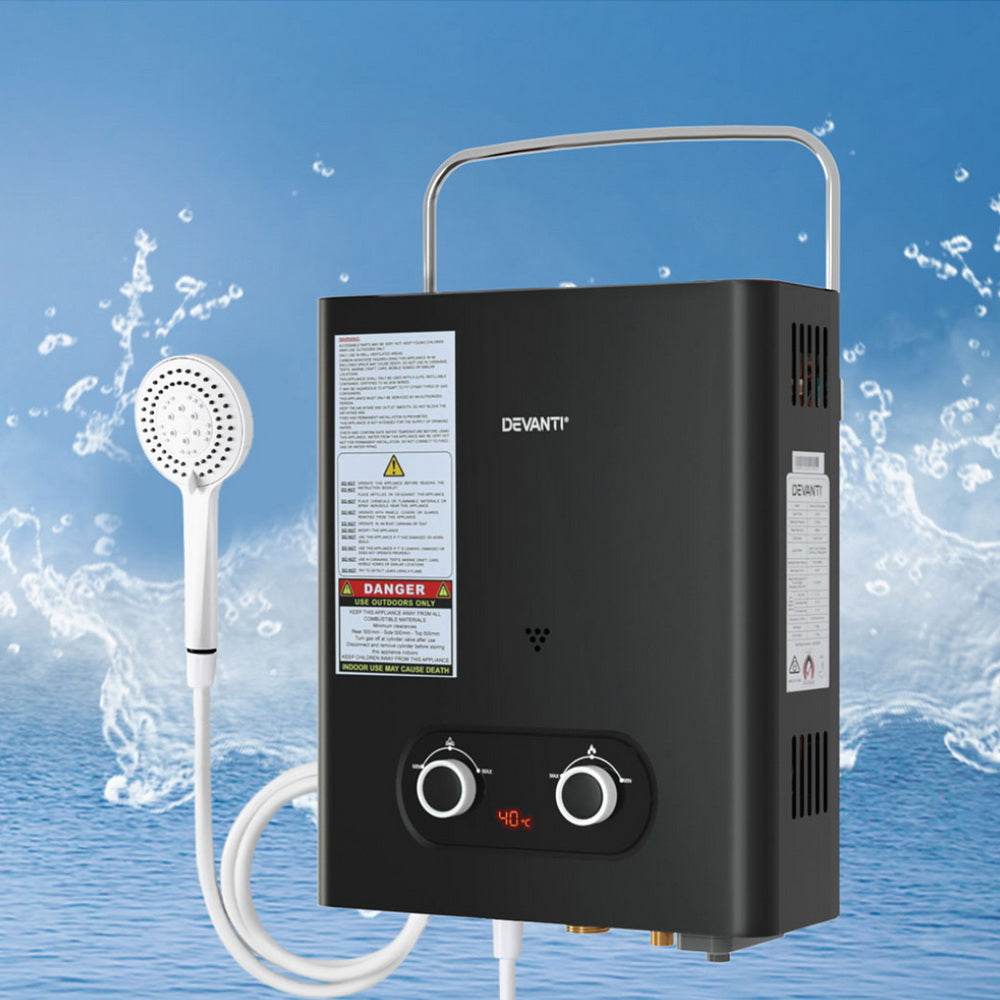 Devanti Portable Gas Water Heater LPG - powered System Black | Outdoorium