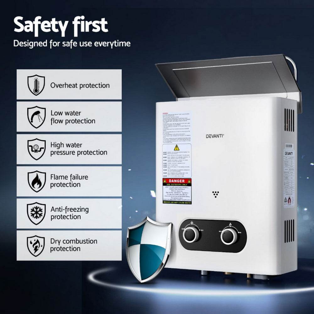 Devanti Portable Gas Water Heater Outdoor Camping Shower White | Outdoorium