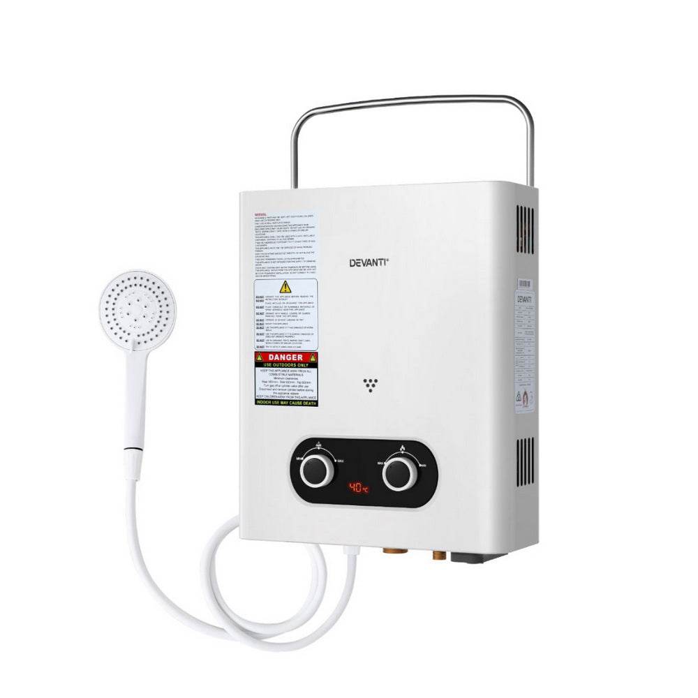 Devanti Portable Gas Water Heater Outdoor Camping Shower White | Outdoorium