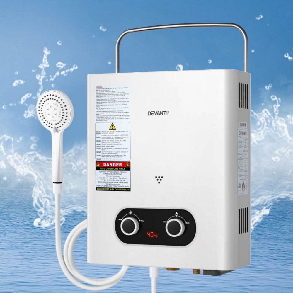 Devanti Portable Gas Water Heater Outdoor Camping Shower White | Outdoorium