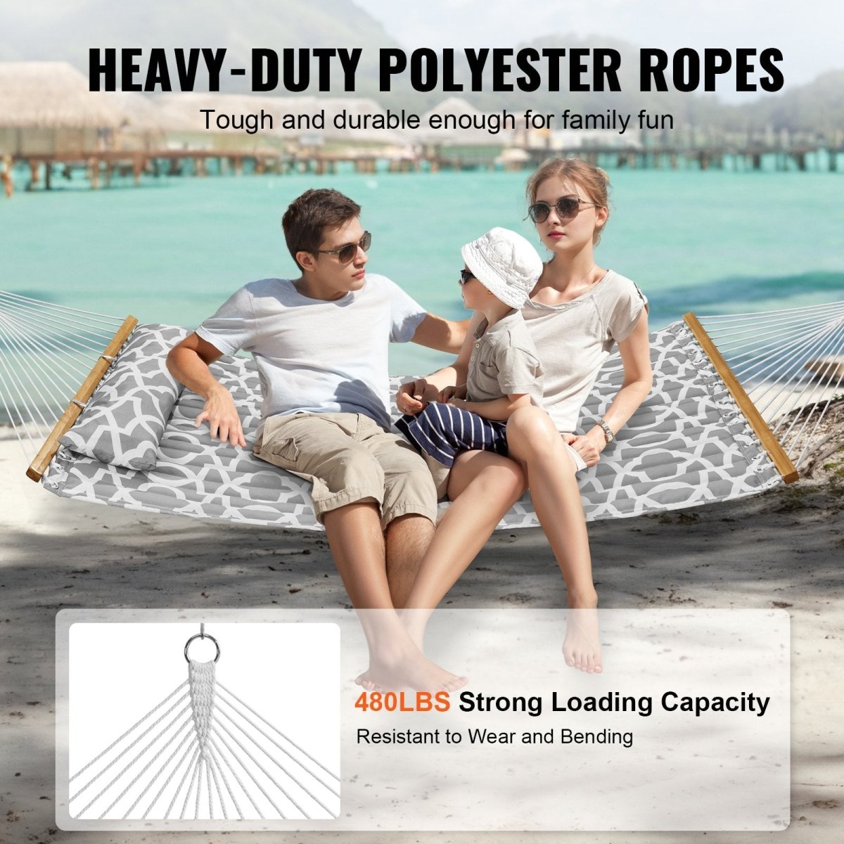 Double Quilted Fabric Hammock, 12 FT Double Hammock with Hardwood Spreader Bars, 2 Person Quilted Hammock with Detachable Pillow and Chains for Camping Outdoor Patio Yard Beach, 480 lbs Capacity | Outdoorium