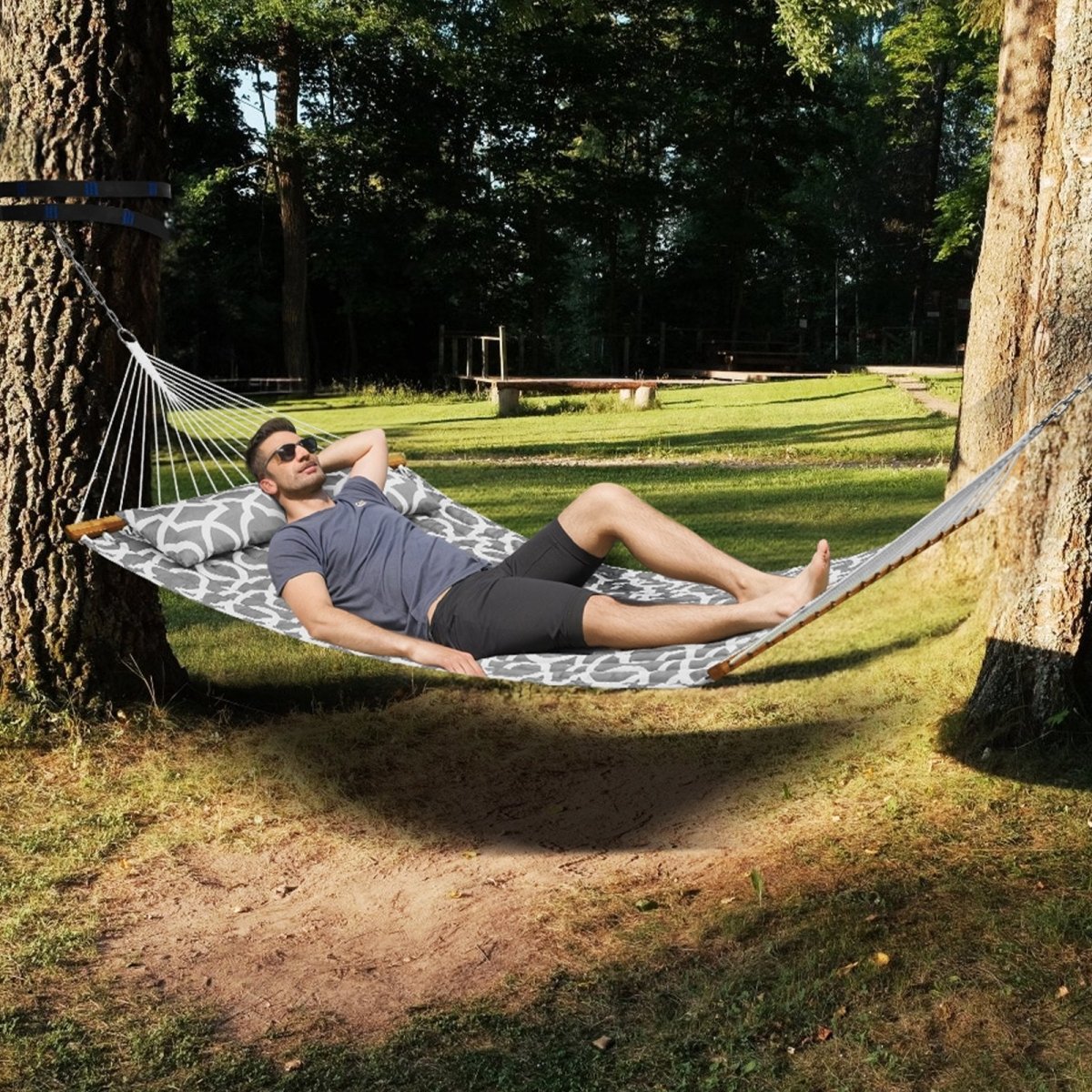 Double Quilted Fabric Hammock, 12 FT Double Hammock with Hardwood Spreader Bars, 2 Person Quilted Hammock with Detachable Pillow and Chains for Camping Outdoor Patio Yard Beach, 480 lbs Capacity | Outdoorium
