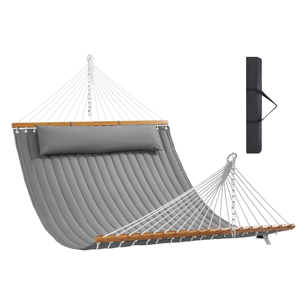 Double Quilted Fabric Hammock, 12 FT Double Hammock with Hardwood Spreader Bars, 2 Person Quilted Hammock with Detachable Pillow and Chains for Camping Outdoor Patio Yard Beach, 480 lbs Capacity | Outdoorium