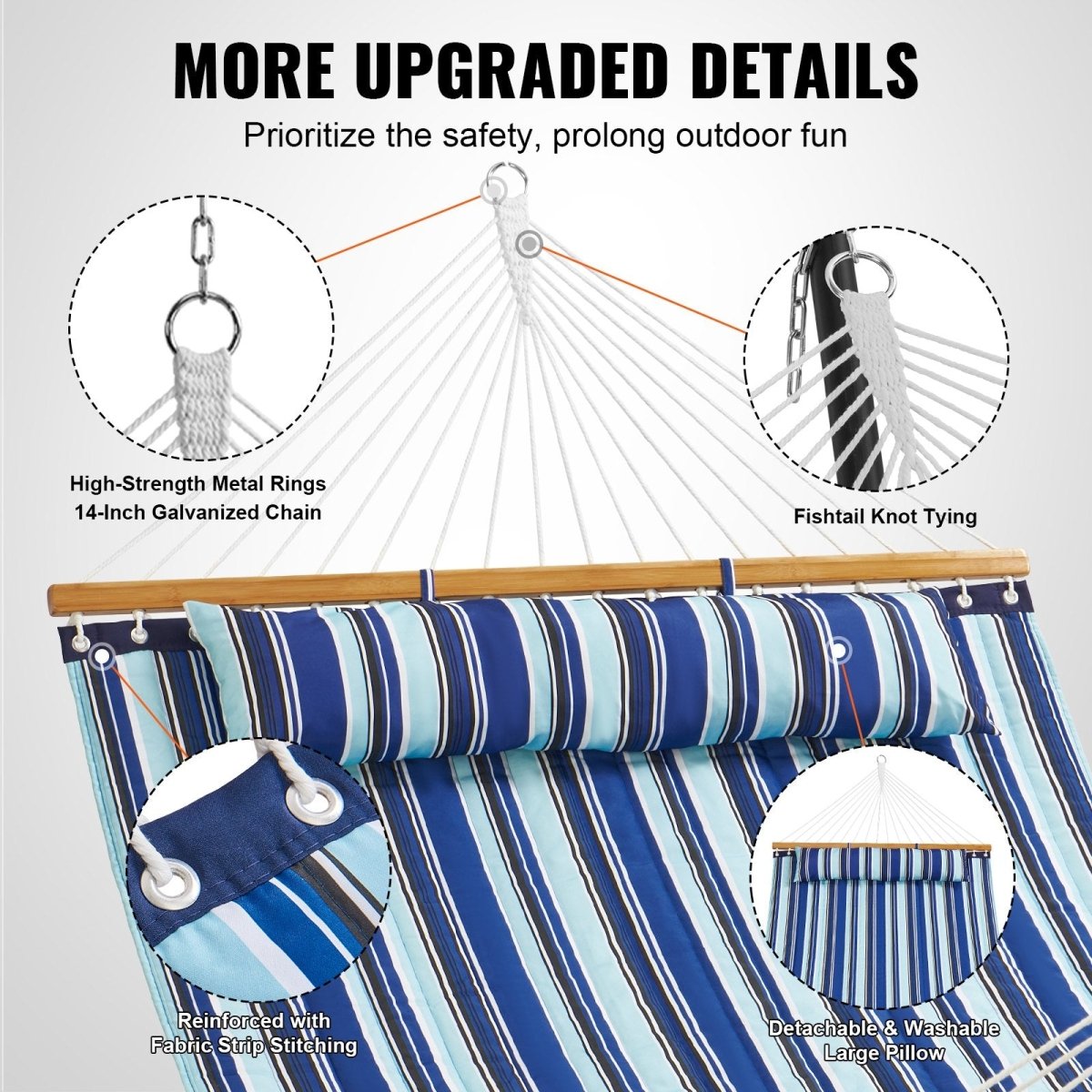 Double Quilted Fabric Hammock, 12 FT Double Hammock with Hardwood Spreader Bars, 2 Person Quilted Hammock with Detachable Pillow and Chains for Camping Outdoor Patio Yard Beach, 480 lbs Capacity | Outdoorium