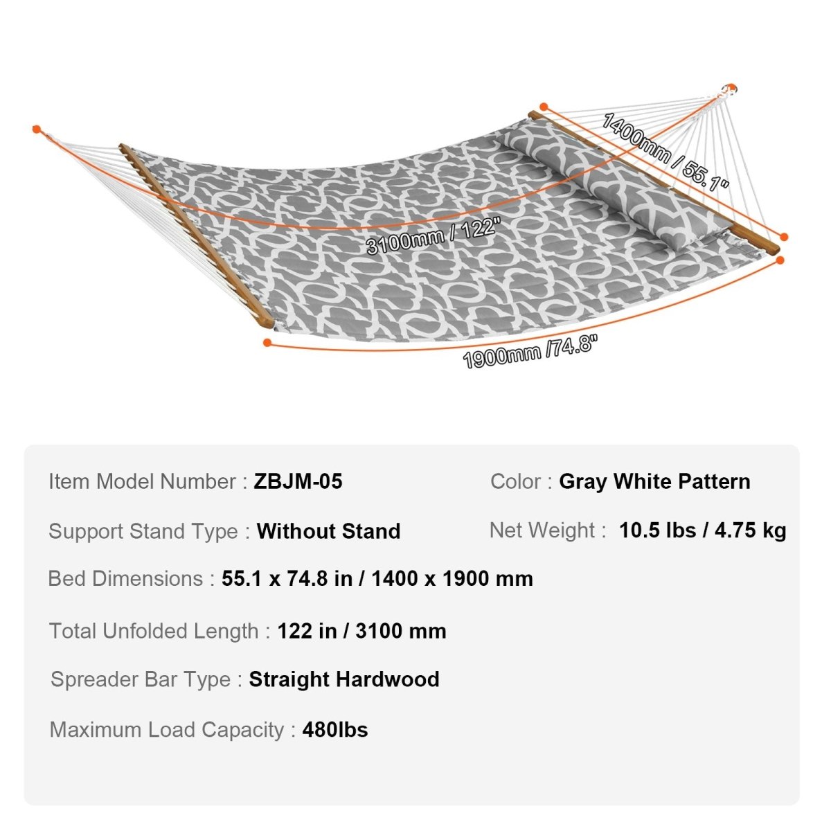 Double Quilted Fabric Hammock, 12 FT Double Hammock with Hardwood Spreader Bars, 2 Person Quilted Hammock with Detachable Pillow and Chains for Camping Outdoor Patio Yard Beach, 480 lbs Capacity | Outdoorium