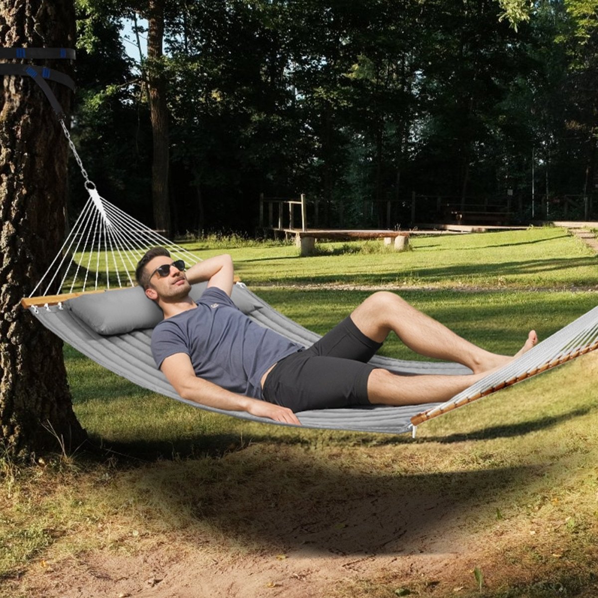 Double Quilted Fabric Hammock, 12 FT Double Hammock with Hardwood Spreader Bars, 2 Person Quilted Hammock with Detachable Pillow and Chains for Camping Outdoor Patio Yard Beach, 480 lbs Capacity | Outdoorium