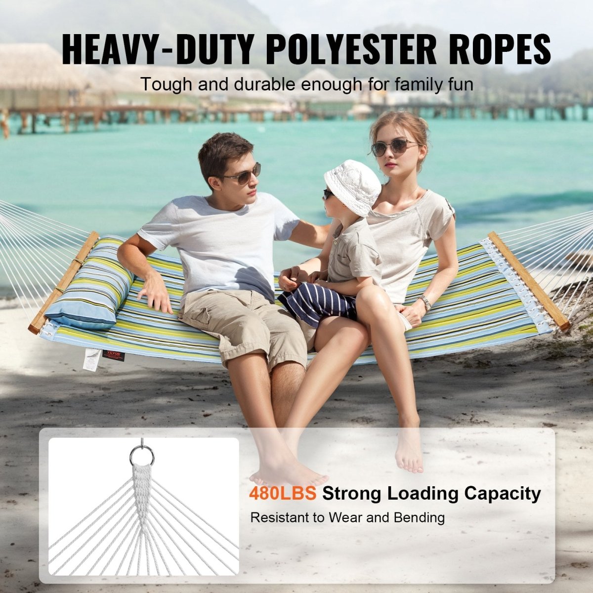 Double Quilted Fabric Hammock, 12 FT Double Hammock with Hardwood Spreader Bars, 2 Person Quilted Hammock with Detachable Pillow and Chains for Camping Outdoor Patio Yard Beach, 480 lbs Capacity | Outdoorium