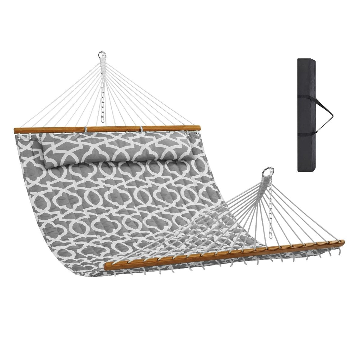Double Quilted Fabric Hammock, 12 FT Double Hammock with Hardwood Spreader Bars, 2 Person Quilted Hammock with Detachable Pillow and Chains for Camping Outdoor Patio Yard Beach, 480 lbs Capacity | Outdoorium