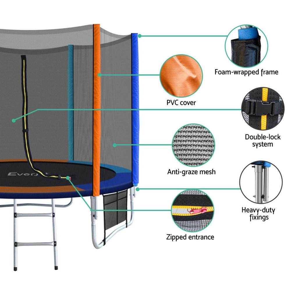 Everfit 8FT Trampoline for Kids w/ Ladder Enclosure Safety Net Pad Gift Round - Outdoorium