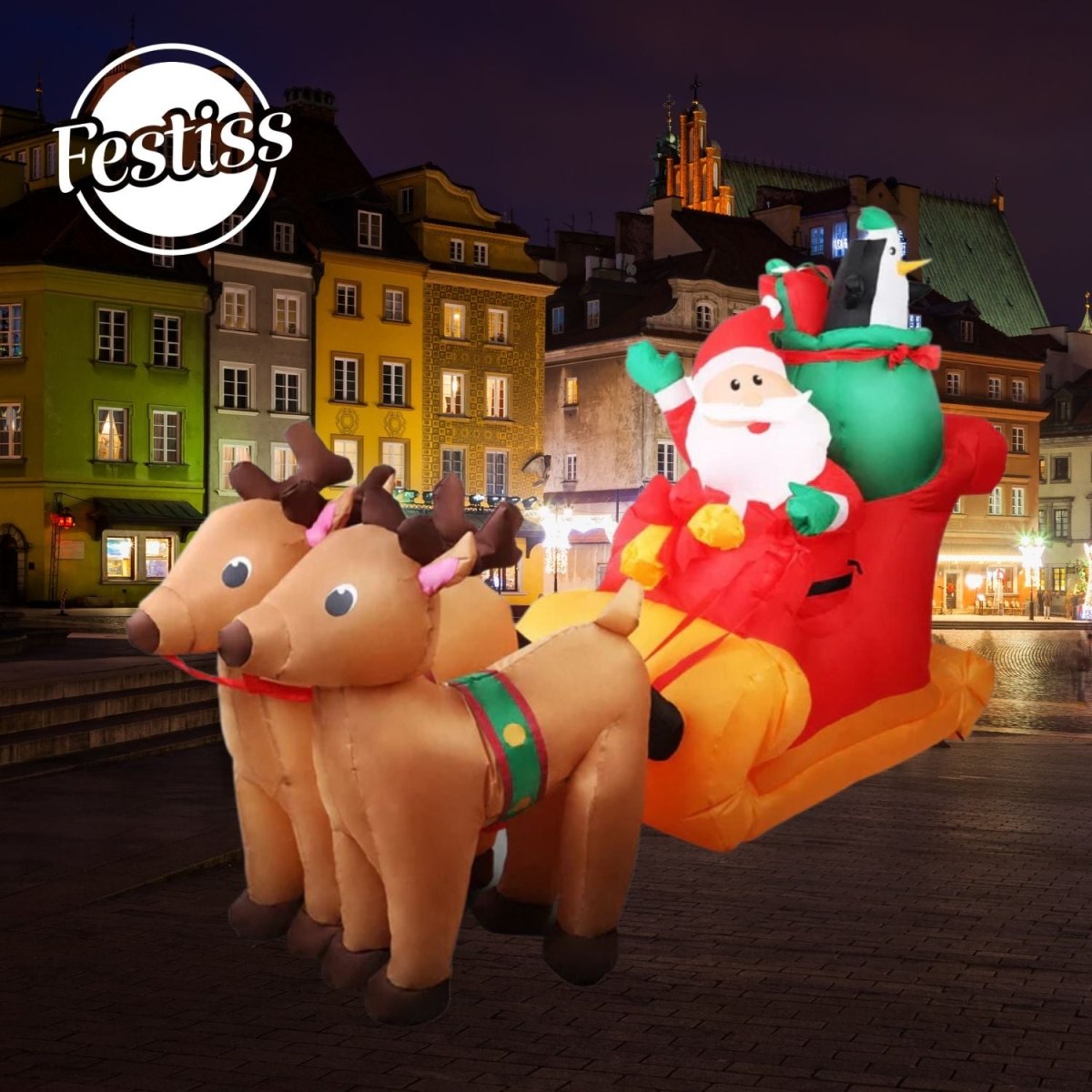 Festiss 2.2m Santa and Reindeer Christmas Inflatable with LED - Outdoorium