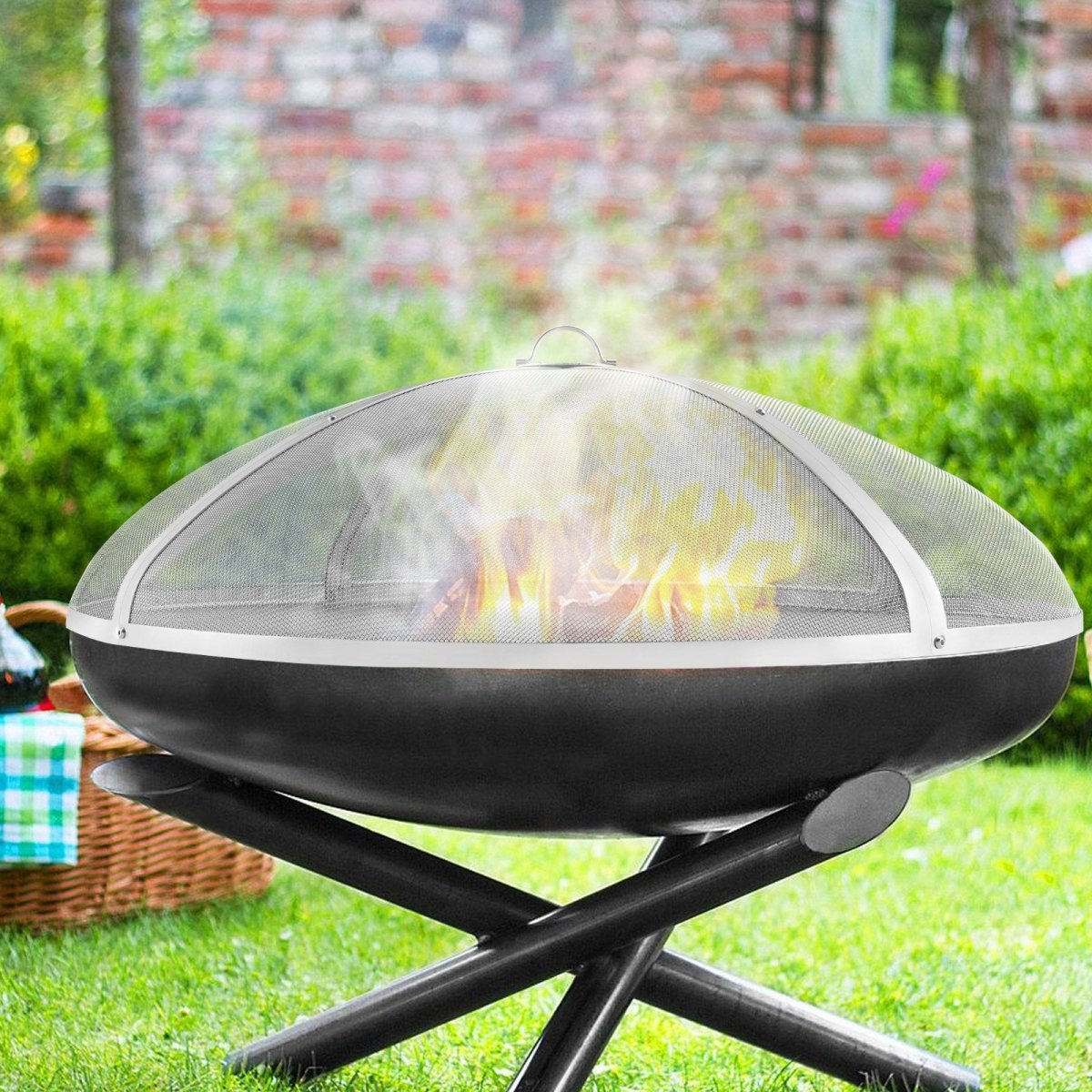 Fire Pit Spark Screen Round 40", Reinforced Heavy Duty Steel Metal Cover, Outdoor Firepit Lid, Easy - Opening Top Screen Covers Round with Ring Handle for Outdoor Patio Fire Pits Backyard | Outdoorium
