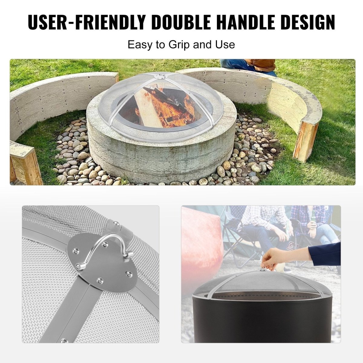 Fire Pit Spark Screen Round 40", Reinforced Heavy Duty Steel Metal Cover, Outdoor Firepit Lid, Easy - Opening Top Screen Covers Round with Ring Handle for Outdoor Patio Fire Pits Backyard | Outdoorium