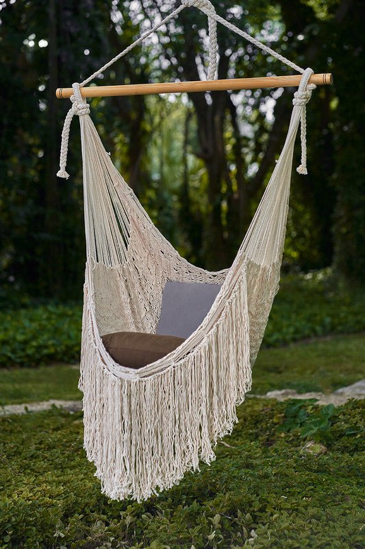 Fringed Cotton Rope Mexican Hammock Swing from Mexico in Ivory - Outdoorium