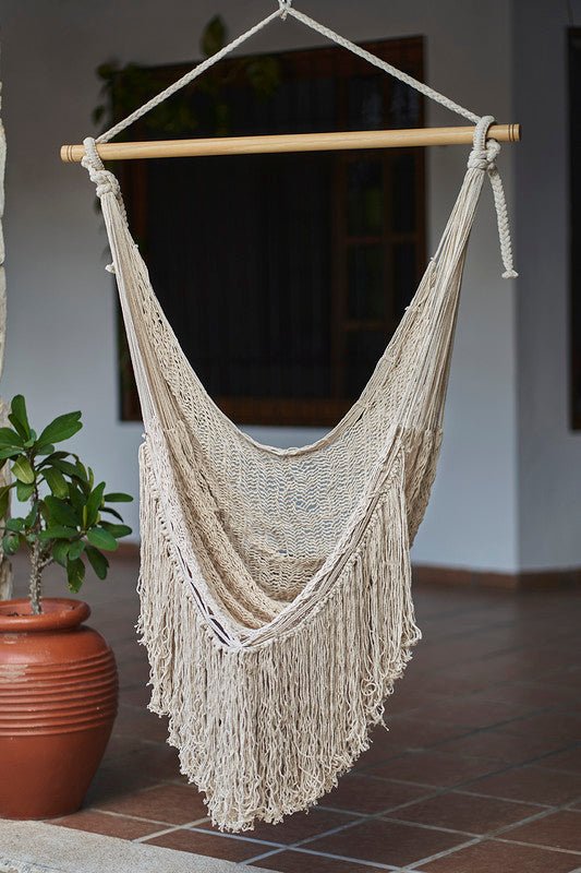 Fringed Cotton Rope Mexican Hammock Swing from Mexico in Ivory - Outdoorium