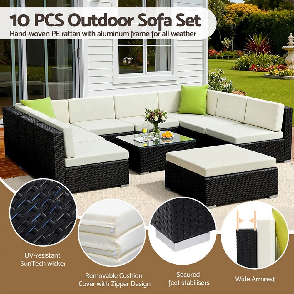 Gardeon 10-Piece Outdoor Wicker Sofa Set | Modular Lounge Setting | Furniture > Outdoor