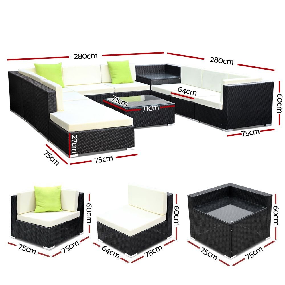 Gardeon 11-Piece Modular Wicker Outdoor Sofa Set - Black