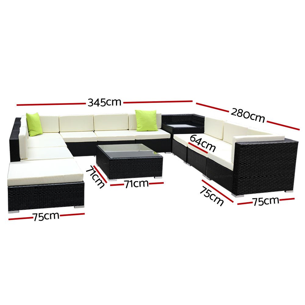 Gardeon 12-Piece Modular Wicker Outdoor Sofa Set - Black