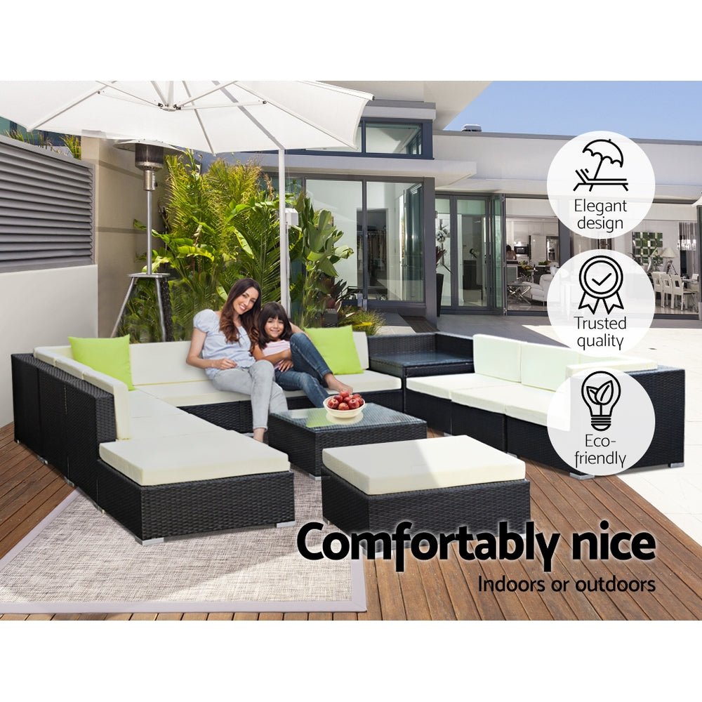 Gardeon 13-Piece 11-Seater Modular Wicker Outdoor Sofa Set - Black