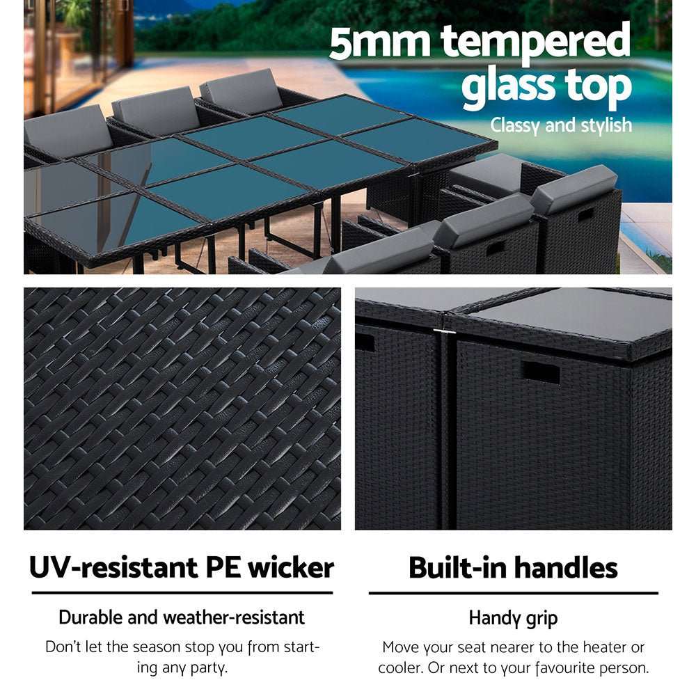 Gardeon 13-Piece Wicker Outdoor Dining Set - Black | UV Resistant | Furniture > Dining