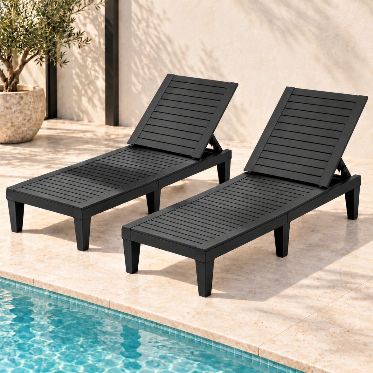 Pair of black Gardeon adjustable outdoor sun loungers