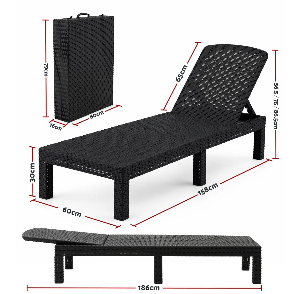 Gardeon folding rattan sun loungers in black - view 3