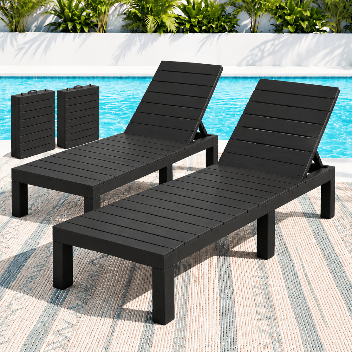 Gardeon 2-Pack Folding Slatted Sun Loungers in Black