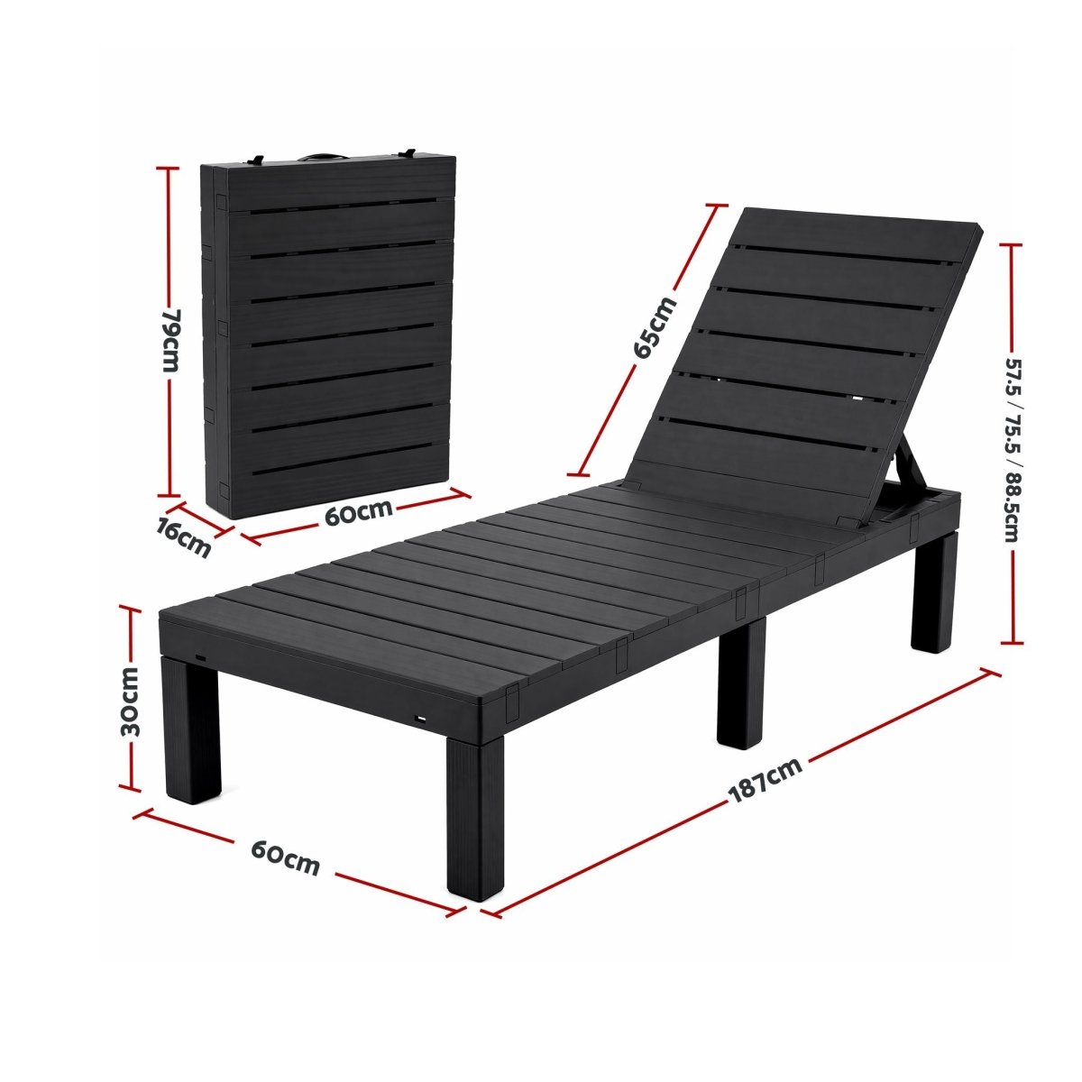 Gardeon folding slatted sun loungers in black - view 3