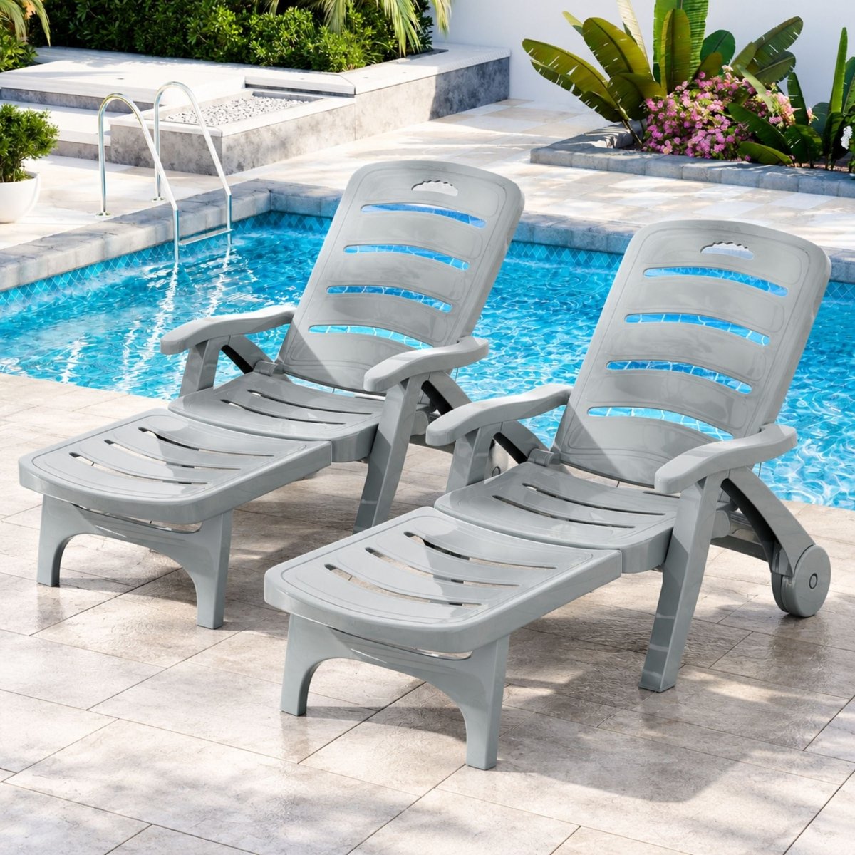 Set of two grey Gardeon folding sun loungers with wheels