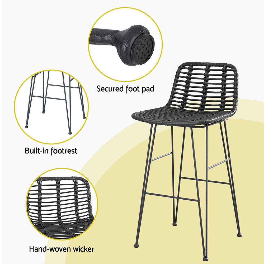 Gardeon 2 Piece Outdoor Bar Stools Wicker Dining Rattan Chair Black - Outdoorium