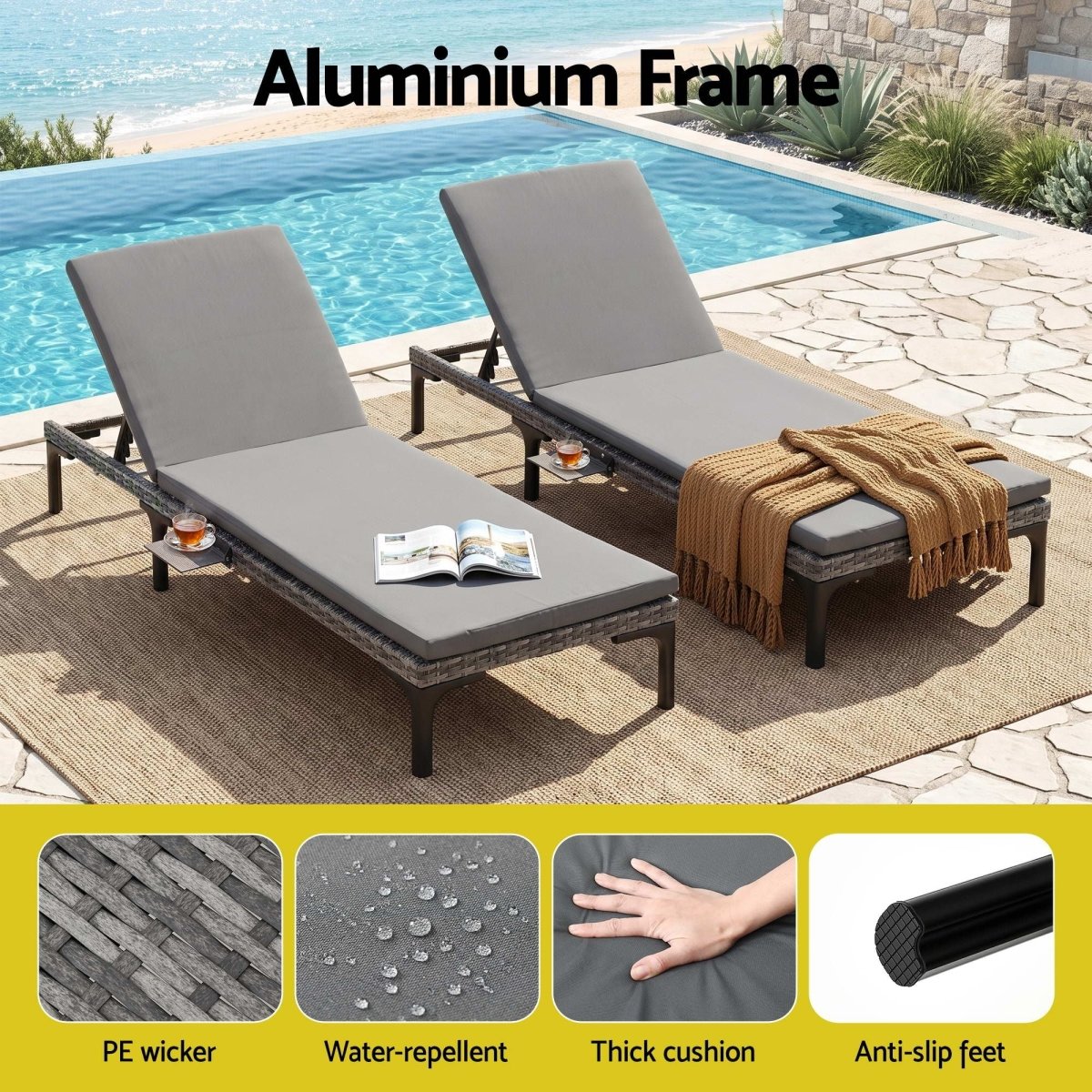 Gardeon 2-Piece PE Rattan Sun Lounger Set with Rain Cover - Grey