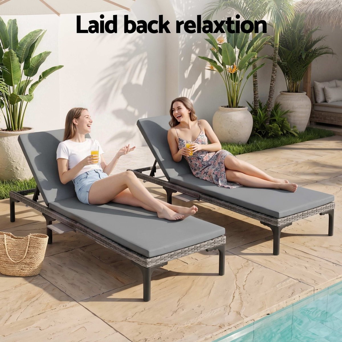 Gardeon 2-Piece PE Rattan Sun Lounger Set with Rain Cover - Grey