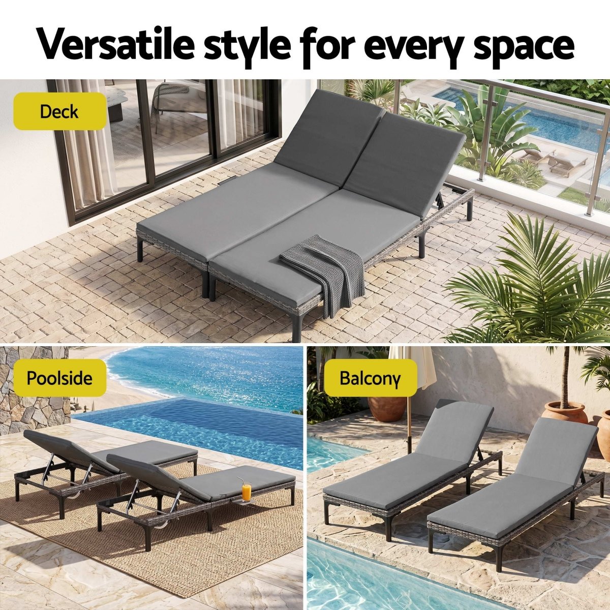 Gardeon 2-Piece PE Rattan Sun Lounger Set with Rain Cover - Grey