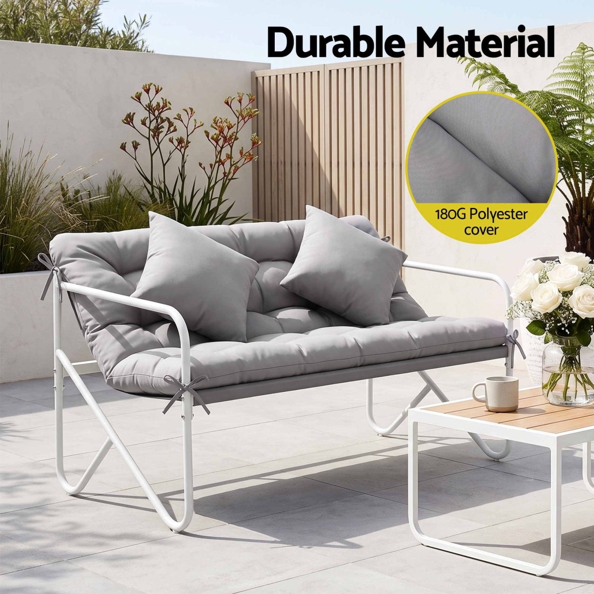 Gardeon 2-Seater Garden Bench with Cushion 118cm - Grey